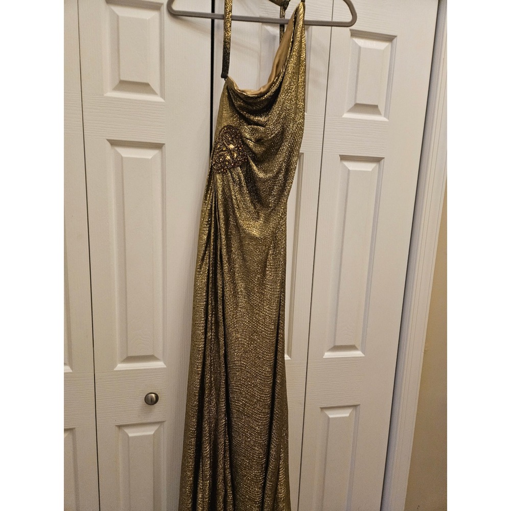 Metallic Gold One Shoulder Halter Gown Beaded Waist Formal Evening Dress